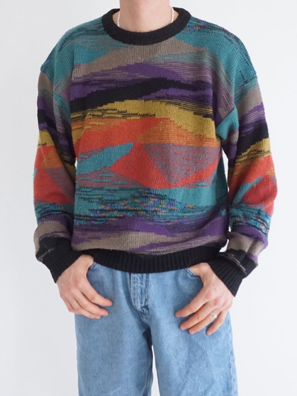 Expressions Teal Purple Black Gold Abstract Coogi Style Geometric Knit Sweater L